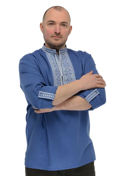 Вишита сорочка чоловіча з льону Модерн (блакитна с білою вишивкою) 020067_58 фото
