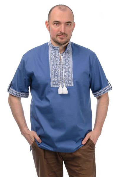 Вышиванка с коротким рукавом мужская (голубая с белой вышивкой) 020071_58 фото